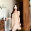 Apricot Square Neck Double-layer Ruffle Leaf Edge One-word Shoulder Pleated Dress Loose Cover Meat Chiffon Short Skirt Fairy A-word Skirt