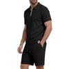 Men's Summer Breathable Waffle Knit Casual Loose Fit Two Piece Set Short Sleeve Polo Shirt with Zipper and Matching Shorts