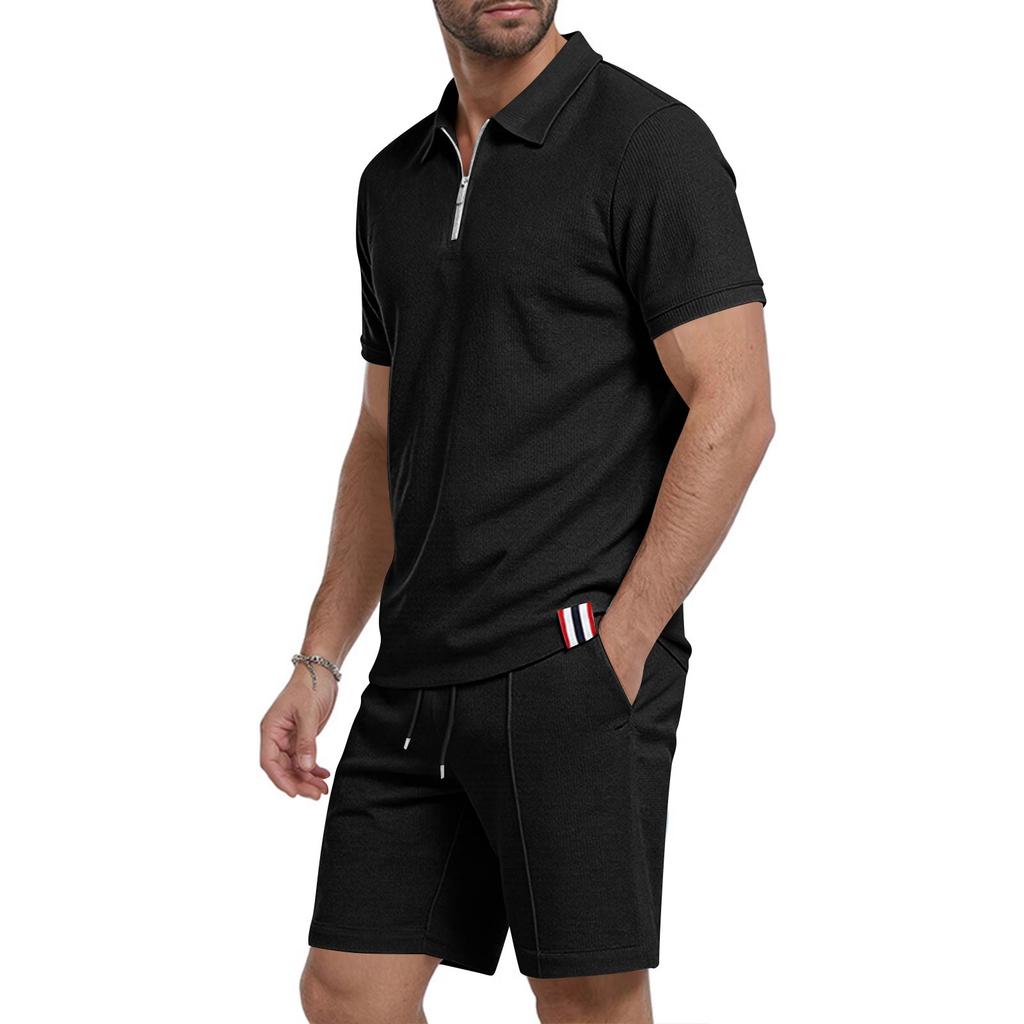 Men's Summer Breathable Waffle Knit Casual Loose Fit Two Piece Set Short Sleeve Polo Shirt with Zipper and Matching Shorts