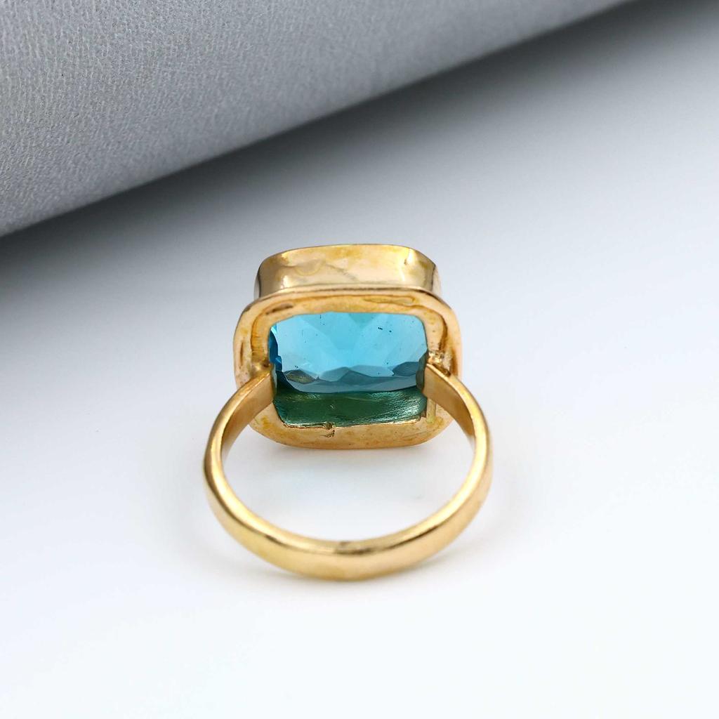 925 Sterling Silver Lab Created Blue Topaz Gemstone Cushion Ring, Yellow Gold Ring, Handmade Ring, Designer Ring