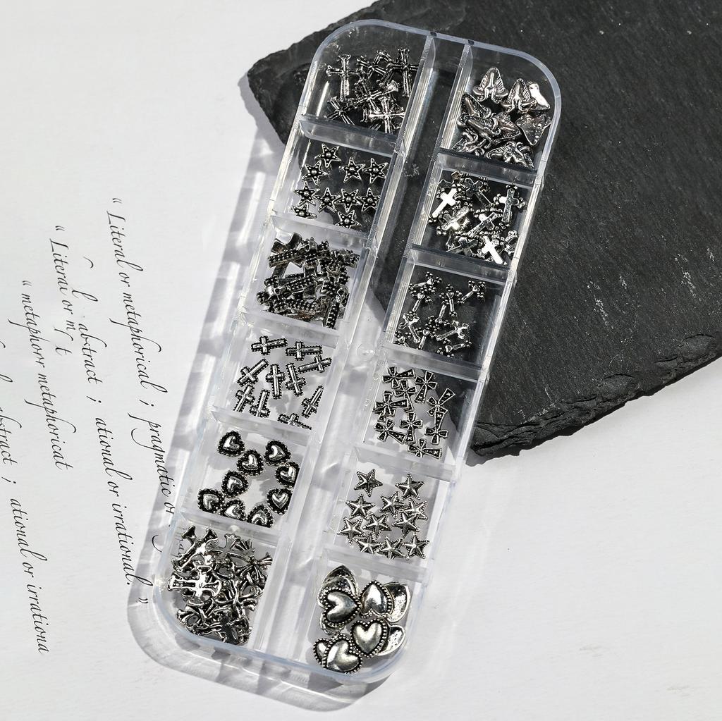 1/3Boxed 12 Grids Vintage Cross Shaped Zinc Alloy Jewelry Nails Supplies Heart&Star Shaped Metal Y2k Nail Art Decoration
