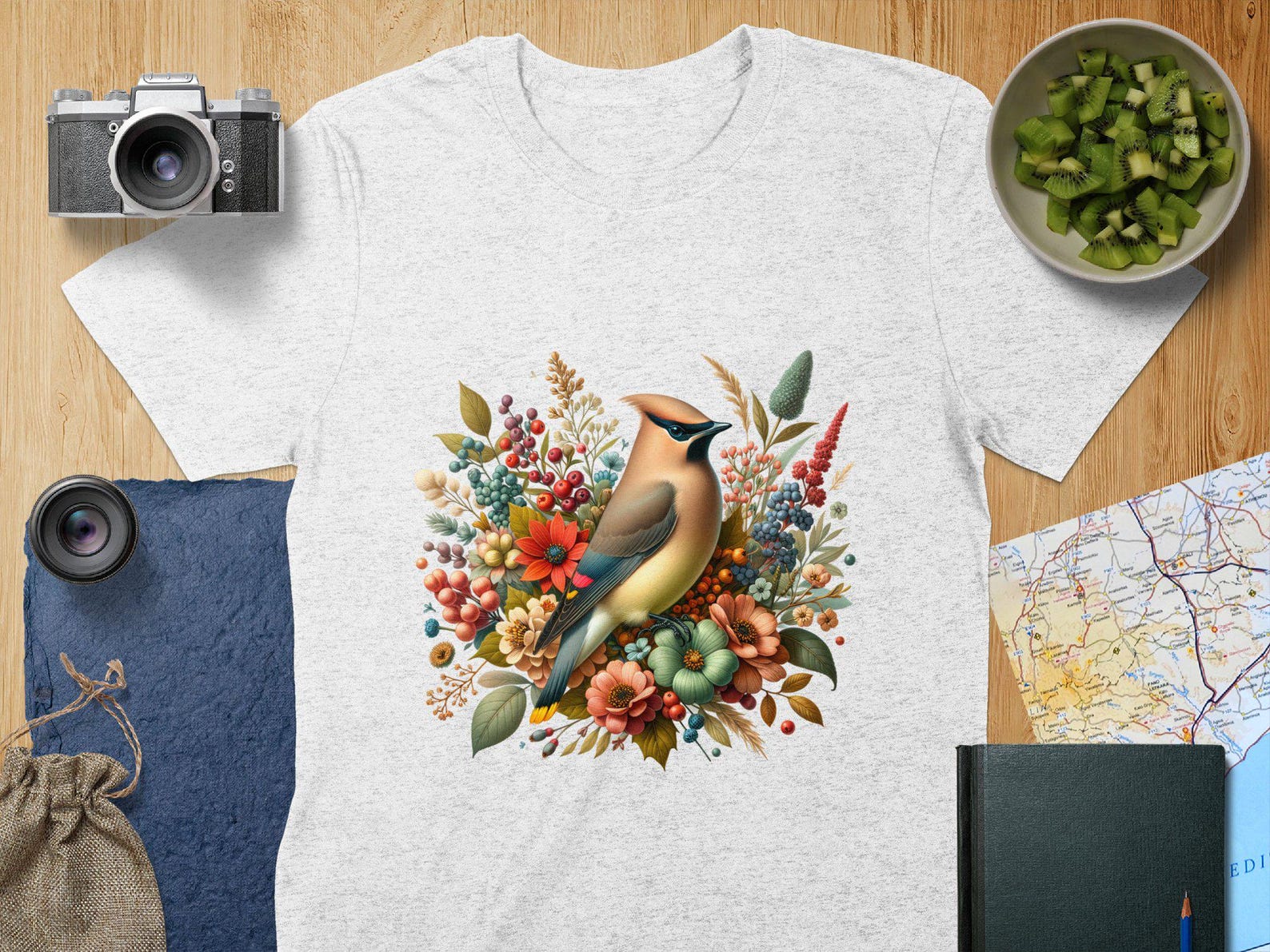 Cedar Waxwing Winter Floral Bird T-Shirt, Bird Lovers Graphic Tee, Bird Watcher Gift, Nature Print Shirt, Botanical Bird Art, Floral Bird L
