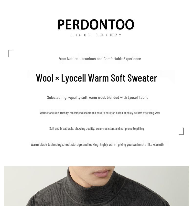 Men's Lazy Style High Neck Sweater - Lyocell Wool Blend Jacquard, Autumn Winter Warm Knitwear