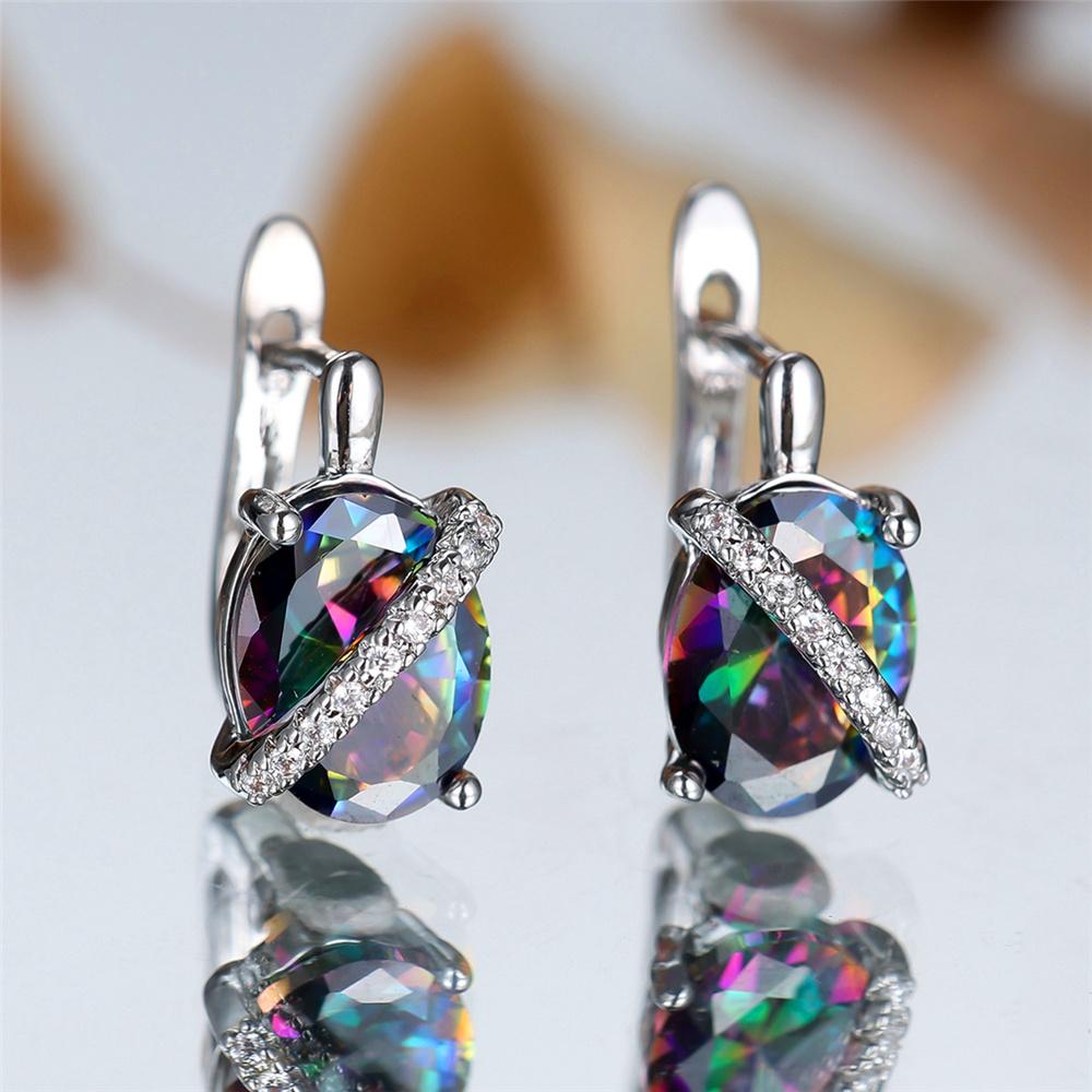 Cute Female Rainbow Zircon Stone Oval Hoop Earrings  Female Silver Color Wedding Jewelry For Women