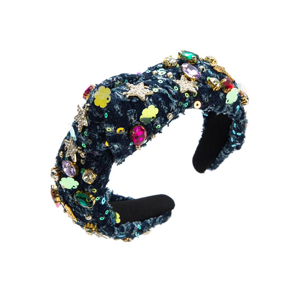 

Барочная повязка на голову с широкими полями и стразами: Элегантный аксессуар для волос в виде бриллиантового узла для женщин тёмно-синий