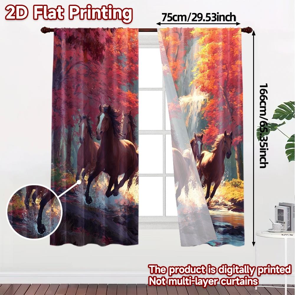 2pcs   2D FLAT PRINTING Curtains (Without Rod) Galloping Horses Chic Window Curtain Versatile Fabric Curtains Decorations For