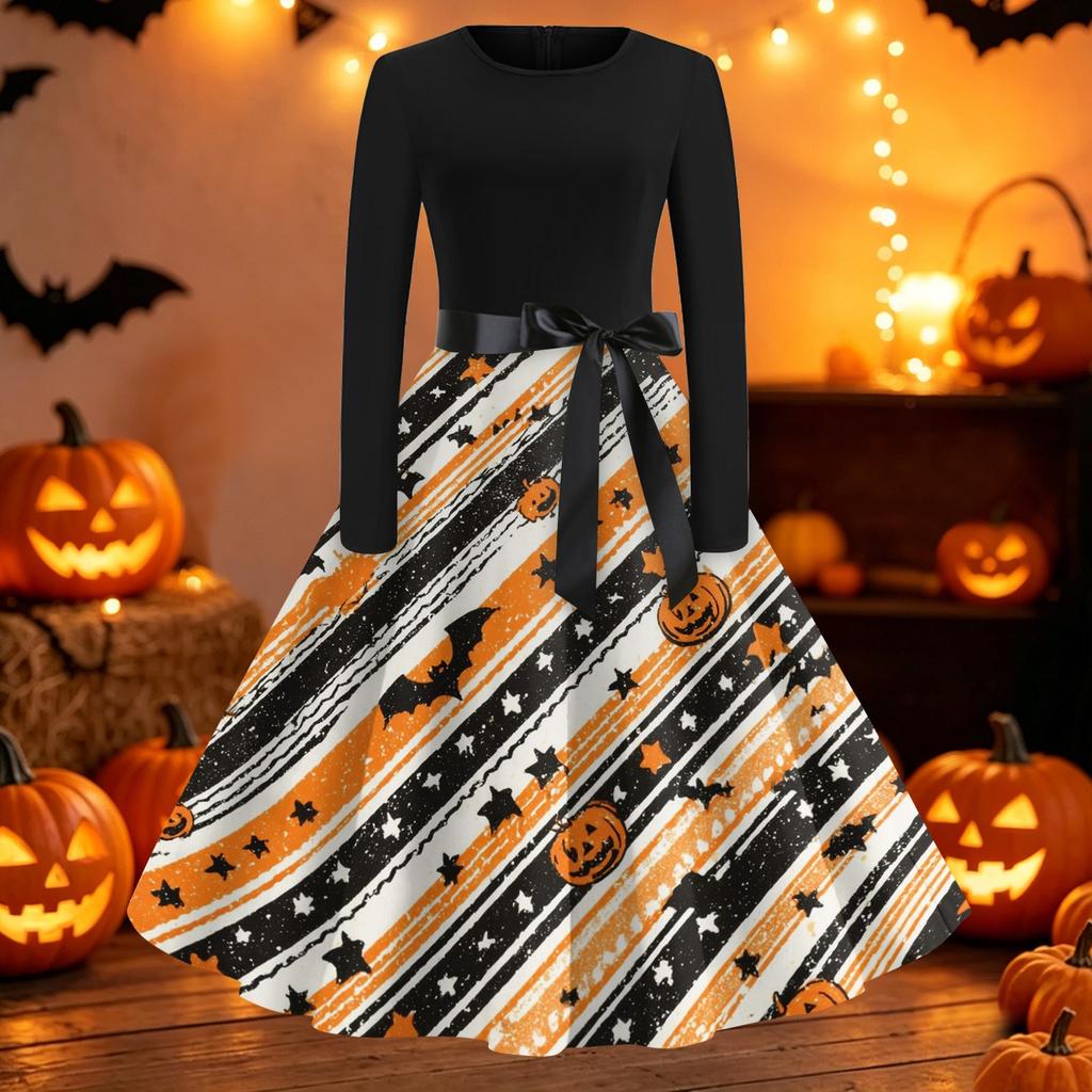 Womens Casual Long Sleeve Dress Halloween Print Round Neck Fit and Flare Midi Dress with Waist Tie and Full Skirt