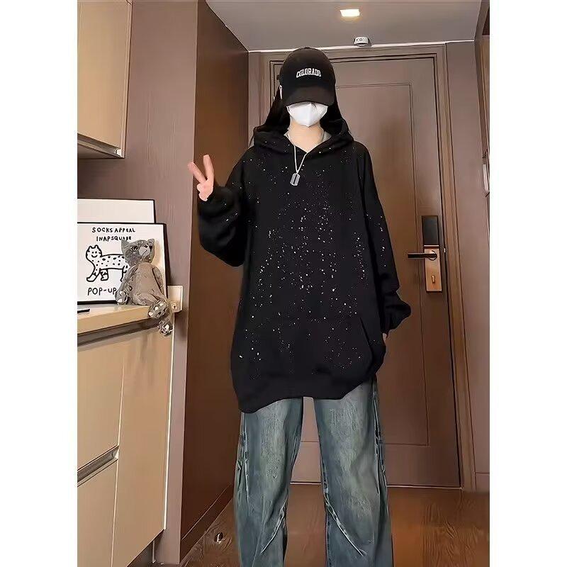 

2024 Унисекс Звездное небо с капюшоном и пайетками свитер - модный, свободный крой, ленивый стиль для пары 3XL чёрный
