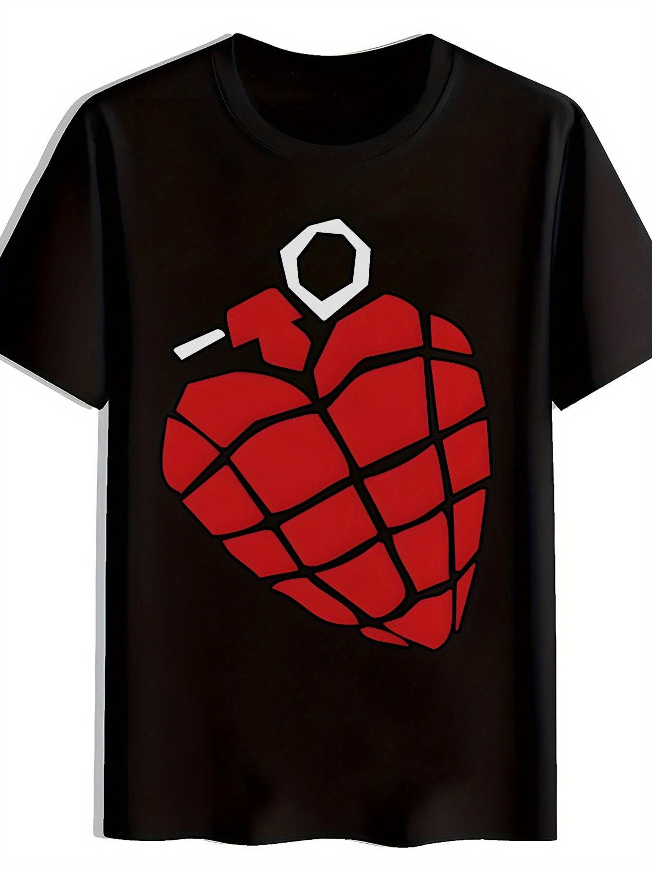 Rock Band Graphic T-shirt | Polyester Casual Summer Tee with Bold Red Heart Design | Round Neck M