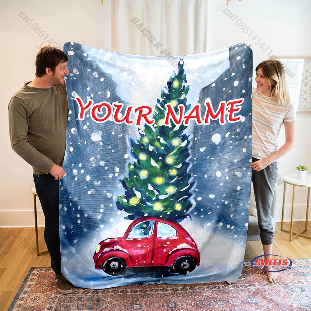 Custom Name Red Car Christmas Tree Blanket, Christmas Flannel Throw Blanket, Holiday Gift For Family