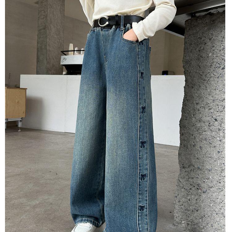 2026 Spring/Autumn Girls Wide-Leg Embroidered Jeans - Casual Long Trousers for Kids 130: 120-130cm, 50-60kg