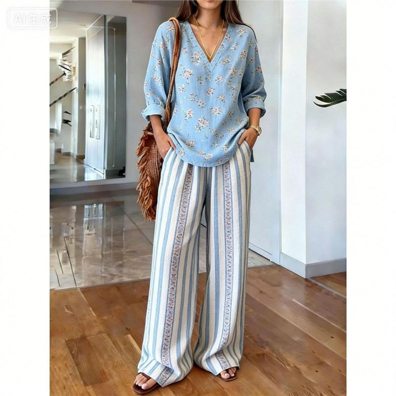 Gentle Temperament Printed Top Set, Classic Bohemian Pattern, Loose Wide-leg Pants for Summer Casual Wear