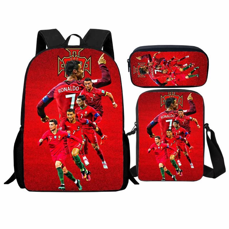 Girlsiii Shoes Unisex Kids Light Printed Football Star Student Schoolbag Three-Piece Set, Casual Cr7 Backpack, Messenger Bag, Pencil Bag, Men And Women