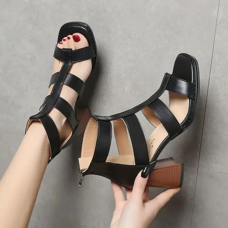 High Heels Open Toe Summer 2025 Footwear Zip Ladies Shoes for Office Work Sandals Women Brown Leather Thick Heel Sexy Outdoor