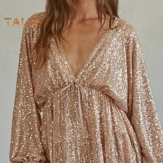 Lady Club Party Dress Deep V Neck Shimmering Sequin Loose Solid Color Long Sleeve Bow Lace-up Strap Slimming Look Mini Dress