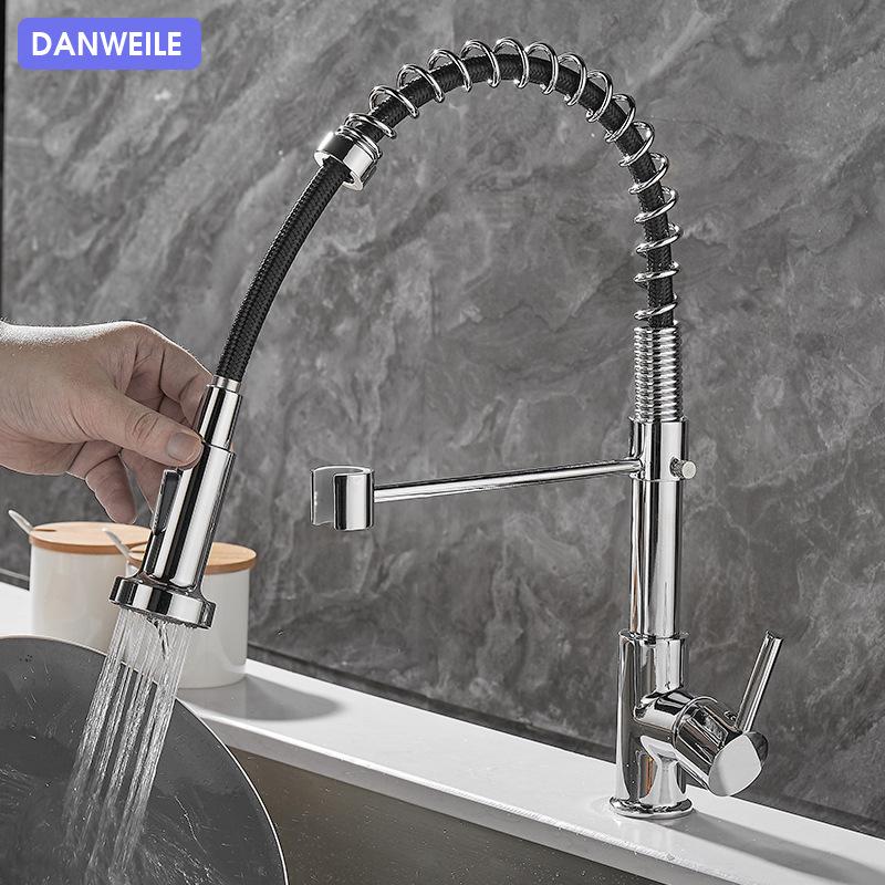 All Copper Rotatable Dual Mode Kitchen Faucet with Spring Neck for Hot and Cold Water