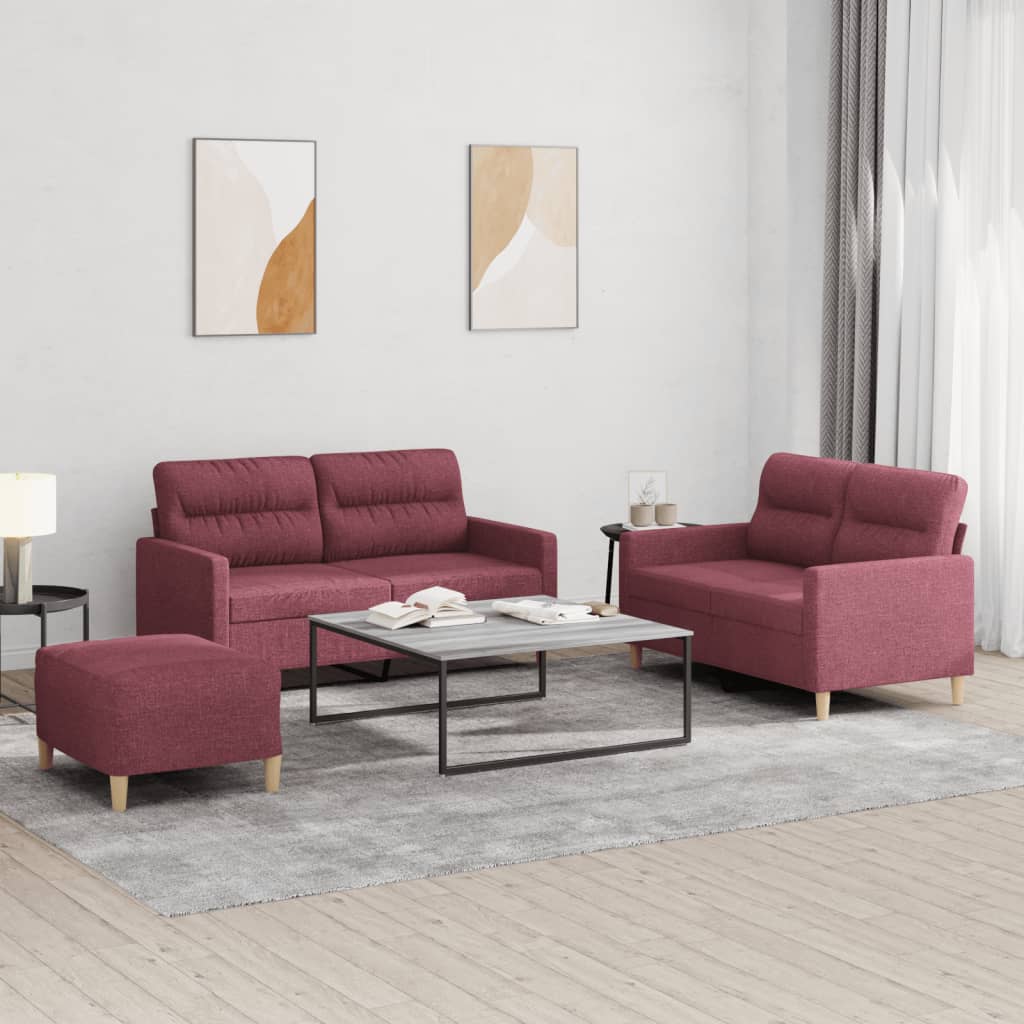 3 Piece Sofa Set with Cushions Burgundy Fabric
