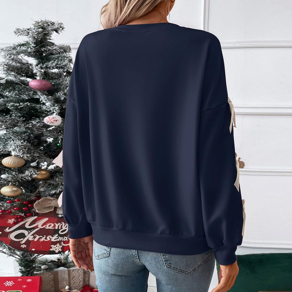 Pulover de Crăciun roșu pentru femei, modă, casual, stil dulce, larg, cu gât rotund și fundă