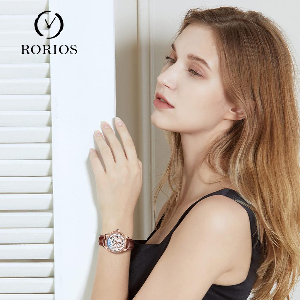 RORIOS Automatic Mechanical Skeleton Watch with Sparkling Butterfly Luminous Casual Analog Watch with Stylish Genuine Leather Manual Openwork Brown