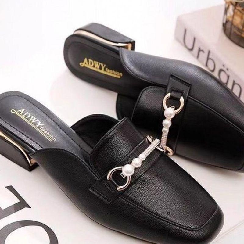Soft Leather Bag Head Half Slippers Women's Spring and Autumn Sandals Thick Heel Outer Wear Fashion Muller Square Head Single Shoes Work Shoes