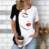 Women Black White Spliced Red Lips Lady Face Print Short Sleeve V Neck Split Front Blouse