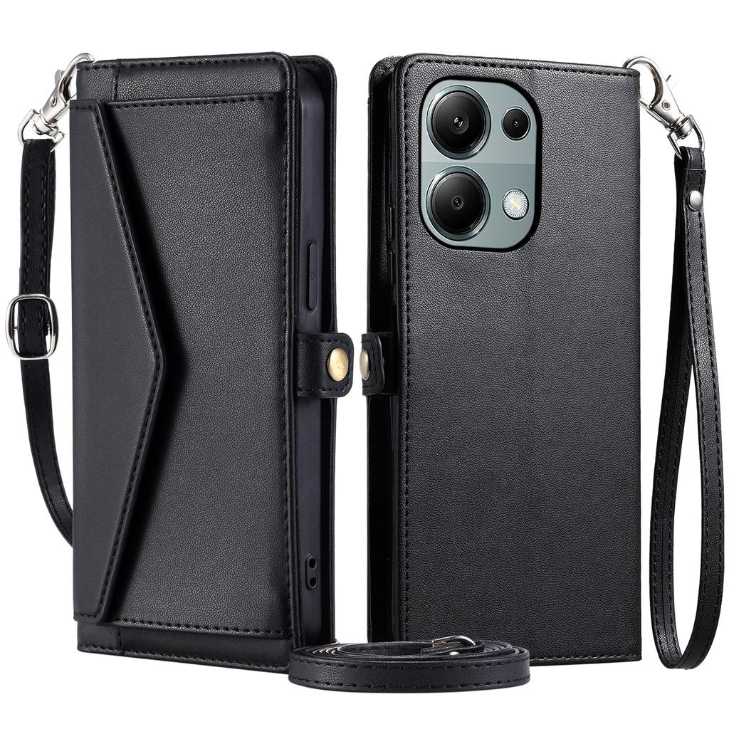 For Xiaomi Poco M6 Pro 4G/Redmi Note 13 Pro 4G Leather Case Wallet Stand Phone Cover with Straps
