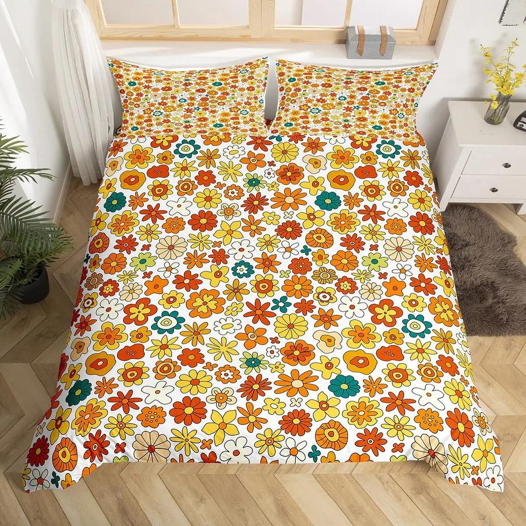 Hippie Flower Duvet Cover Set Boho Mandala Bedding Set Microfiber Groovy Flowers Comforter Cover King for Girls Women Room Decor