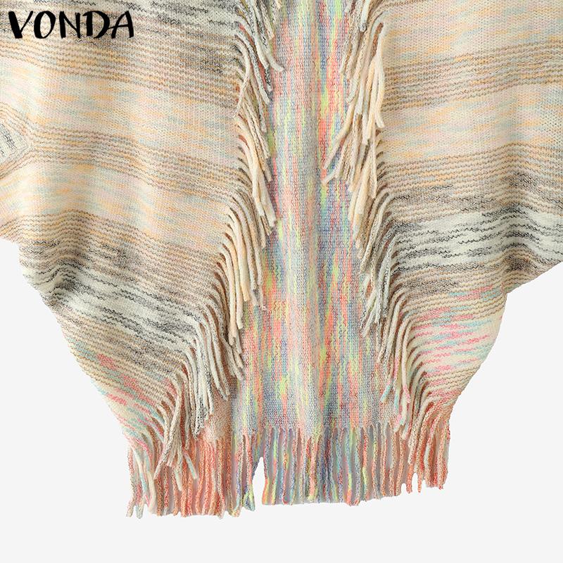 ZANZEA Women Batwing Long Sleeve Striped Open Front Tassel Hem Casual Knitted Sweaters Cardigans