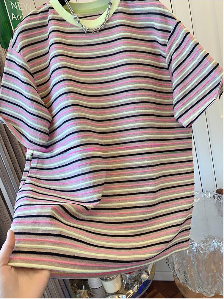 European Plus Size Striped Short Sleeve T-shirt for Women - Versatile Summer Loose Top