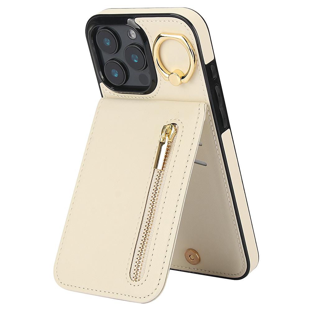

For iPhone 16 Pro Case RFID Blocking Ring Kickstand Retro Leather+TPU Anti-Fall Phone Cover Beige