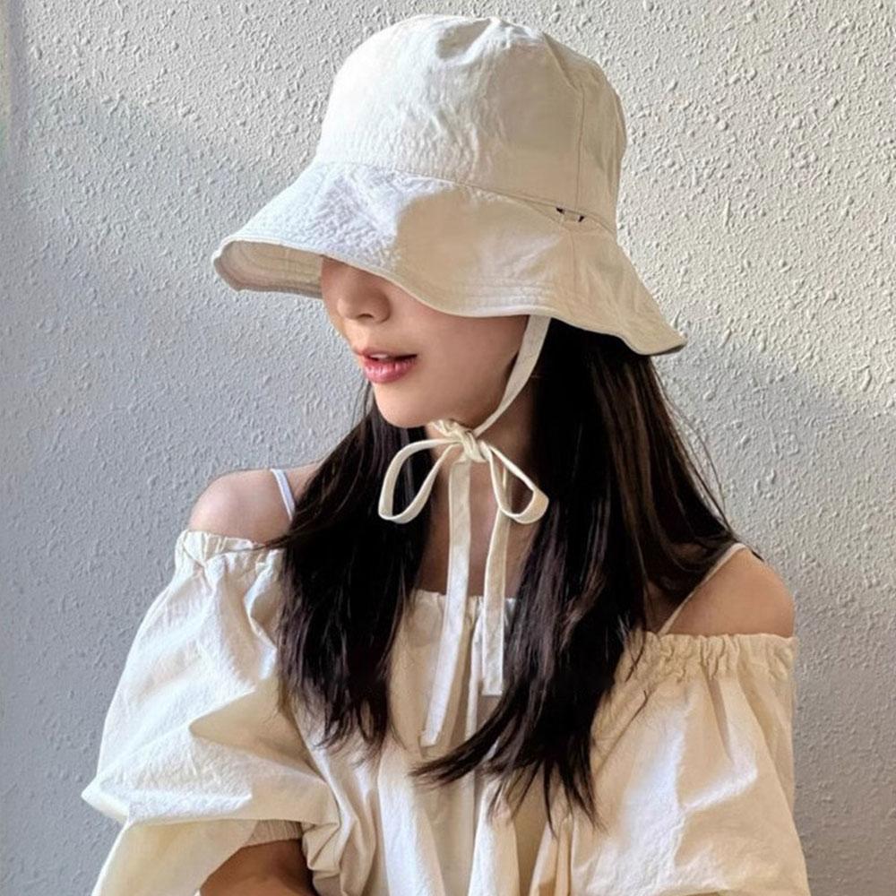 Fashion Solid Color Sunscreen Bucket Hat Breathable Thin Fisherman Hat Wide Brim Lace-Up Sun Hat Beach Travel Basin Hats Korean