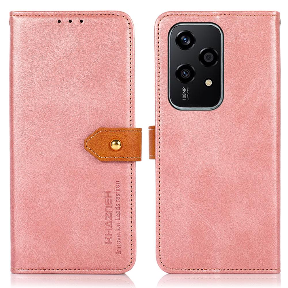 

For Honor 200 Lite Phone Stand Case PU Leather Phone Cover with Gold Magnetic Buckle Decor Rose Gold