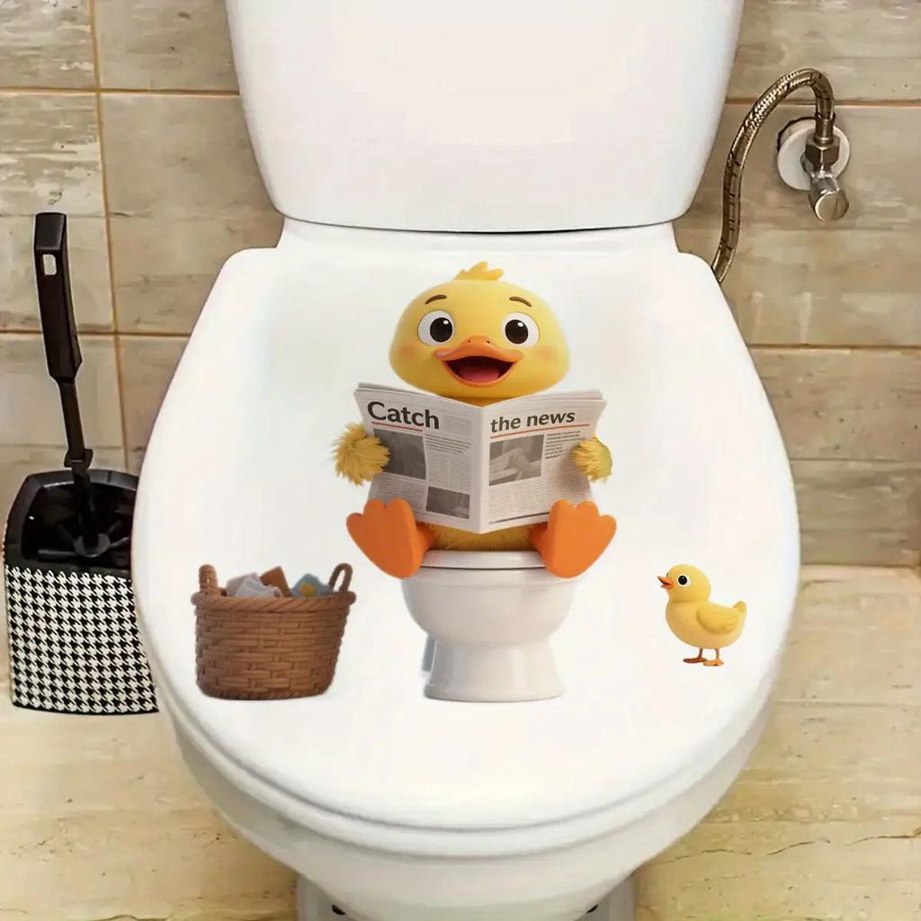 Little Yellow Duck Reading Newspaper Toilet Sticker Waterproof Self Adhesive Bathroom Decor