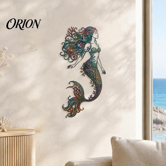 Weather Resistant Metal Art Mermaid Wall Decoration, Three-dimensional Hollow Iron Swimming Pool Area Decorations Sculpture, Retro Ocean Style Hanging