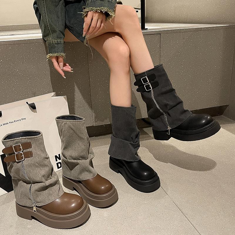 Muffin Bottom Pants Boots Muffin Thick-soled Big-headed Short Boots for Women 2025 Autumn and Winter New Stacking Boots Medium Tube Martin Boots for