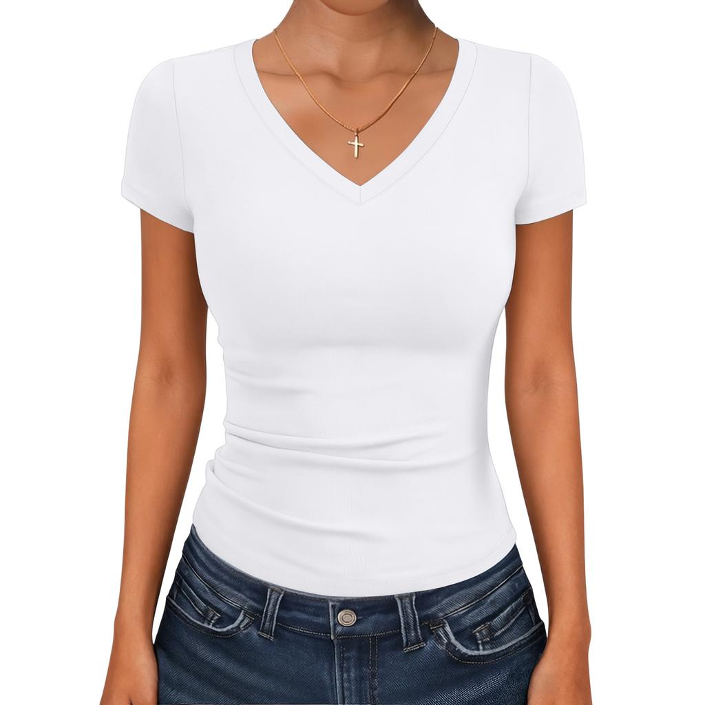 Damen Slim-Fit V-Ausschnitt Kurzarm T-Shirt Top