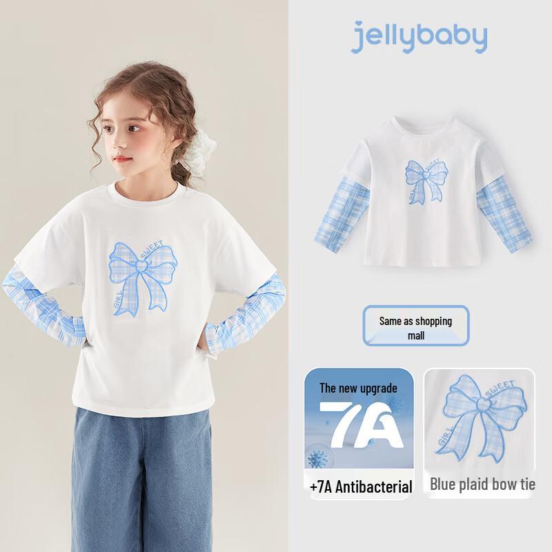 JELLYBABY Girls French Bow Fake Two-Piece Long Sleeve T-Shirt 130