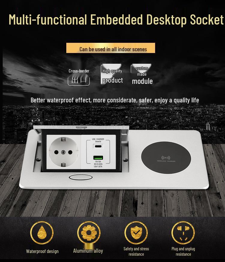 White Wireless Charging Desktop Socket with EU & UK Standards, USB-C Port, Ideal for Conference Tables