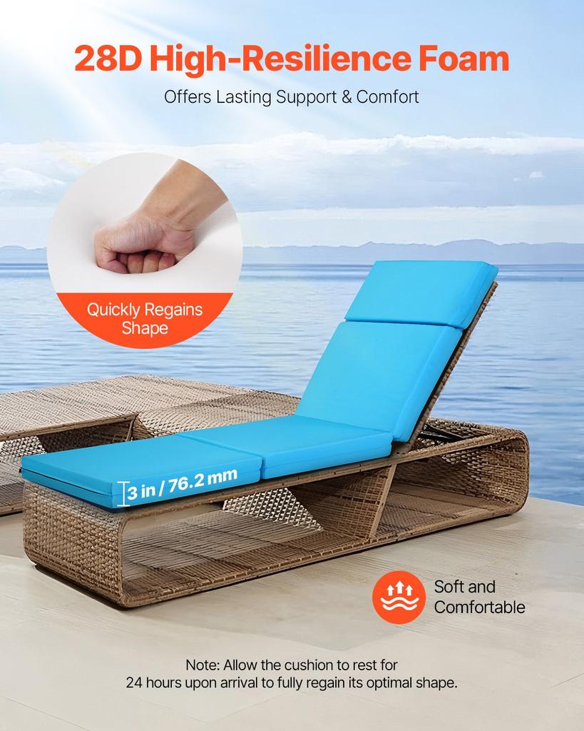 VEVOR Chaise Lounge Cushion, 183x53.3x9.8 Cm, Set of 2 Outdoor Lounge Chair Cushions, Waterproof & Fade-Resistant, Sun Lounger Cushions with Ties
