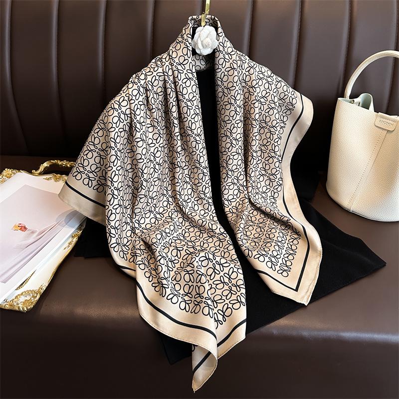 Women's Retro Twill Silk Scarf - 90cm Versatile Shawl for Travel & Sun Protection