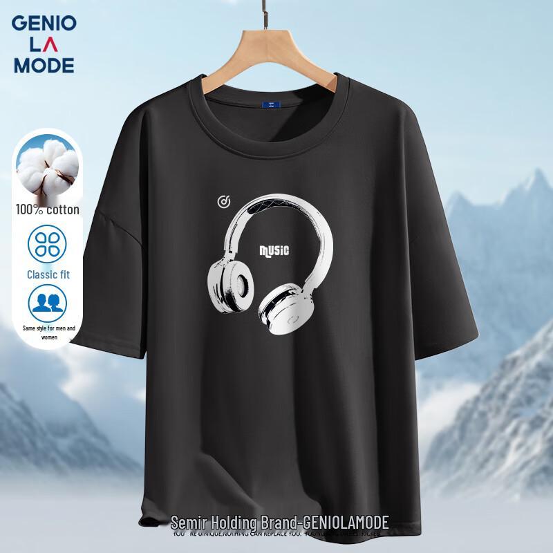 GENIOLAMODE Men s Loose Fit Cotton T-Shirt with Trendy Headphone Print XL