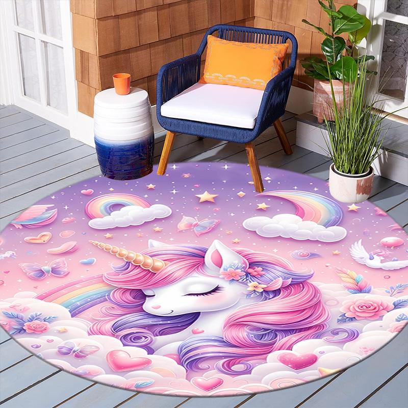 1Pc Cute Unicorn Circular Print Rug - Home Decoration Carpet For Living Room Bedroom Flooring Computer Chair Area Rug