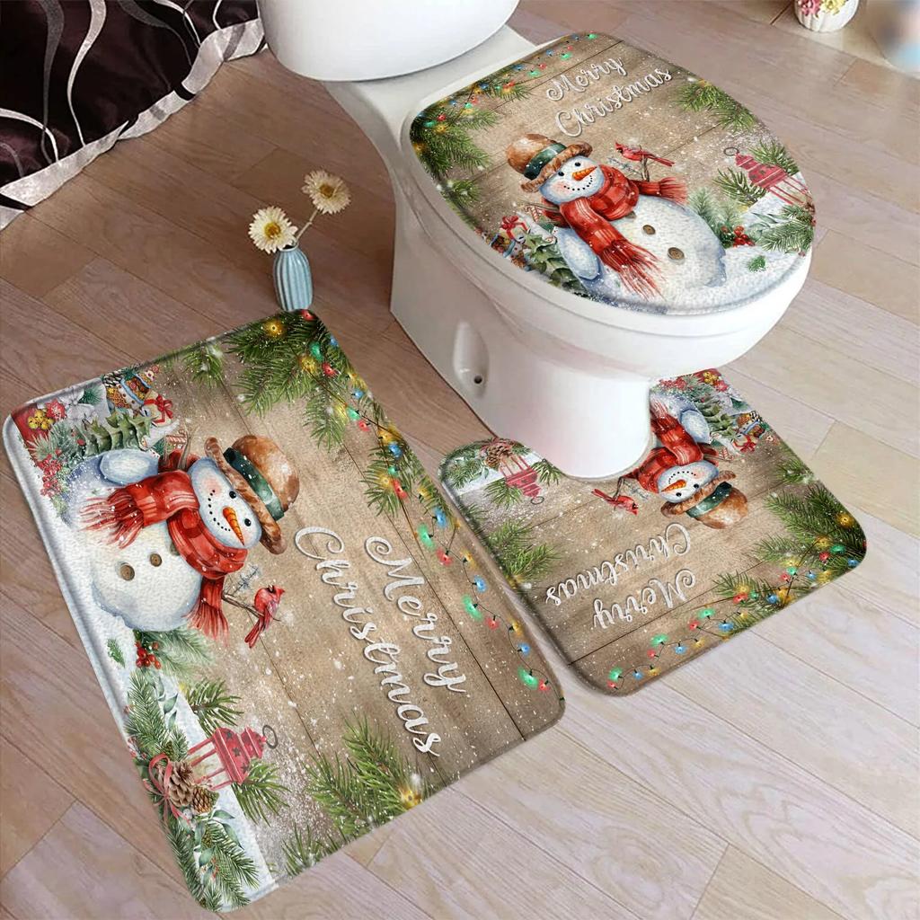 Red Christmas Shower Curtain Set Funny Santa Claus Gift Green Pine Branches Xmas Balls Home Bathroom Decor Bath Mat Toilet Cover