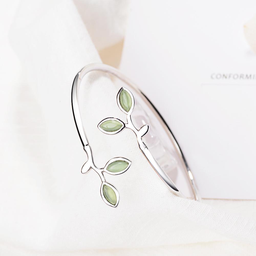 Tender Sprout Korean Mori Style Bracelet with Cat's Eye Stone and Copper Leaves