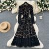 Frühling Herbst Damen Vintage Langarm Aushöhlen Spitze Lang Midi Partykleider