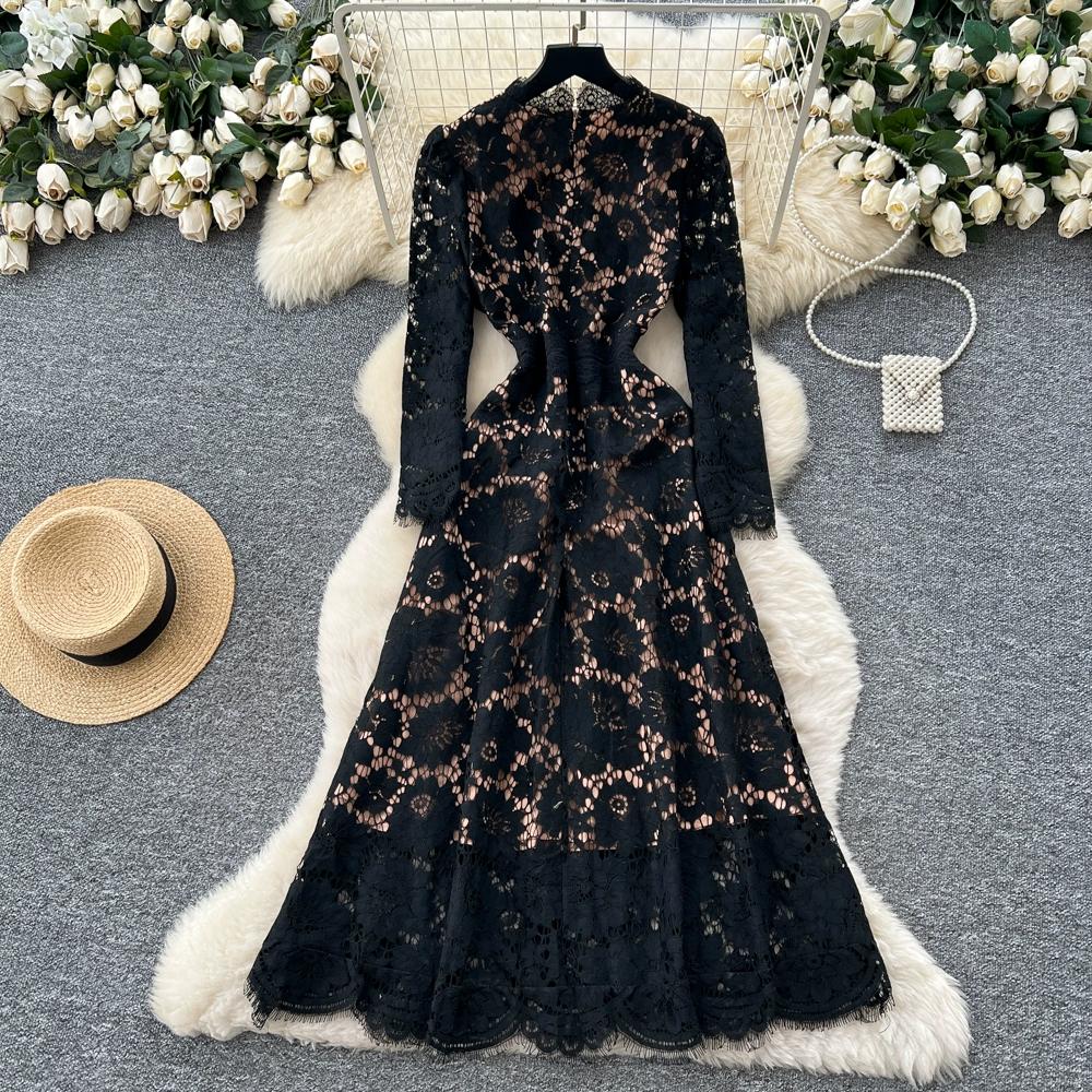 Vestidos Midi de Festa Femininos Vintage de Manga Comprida Vazados em Renda para Primavera Outono