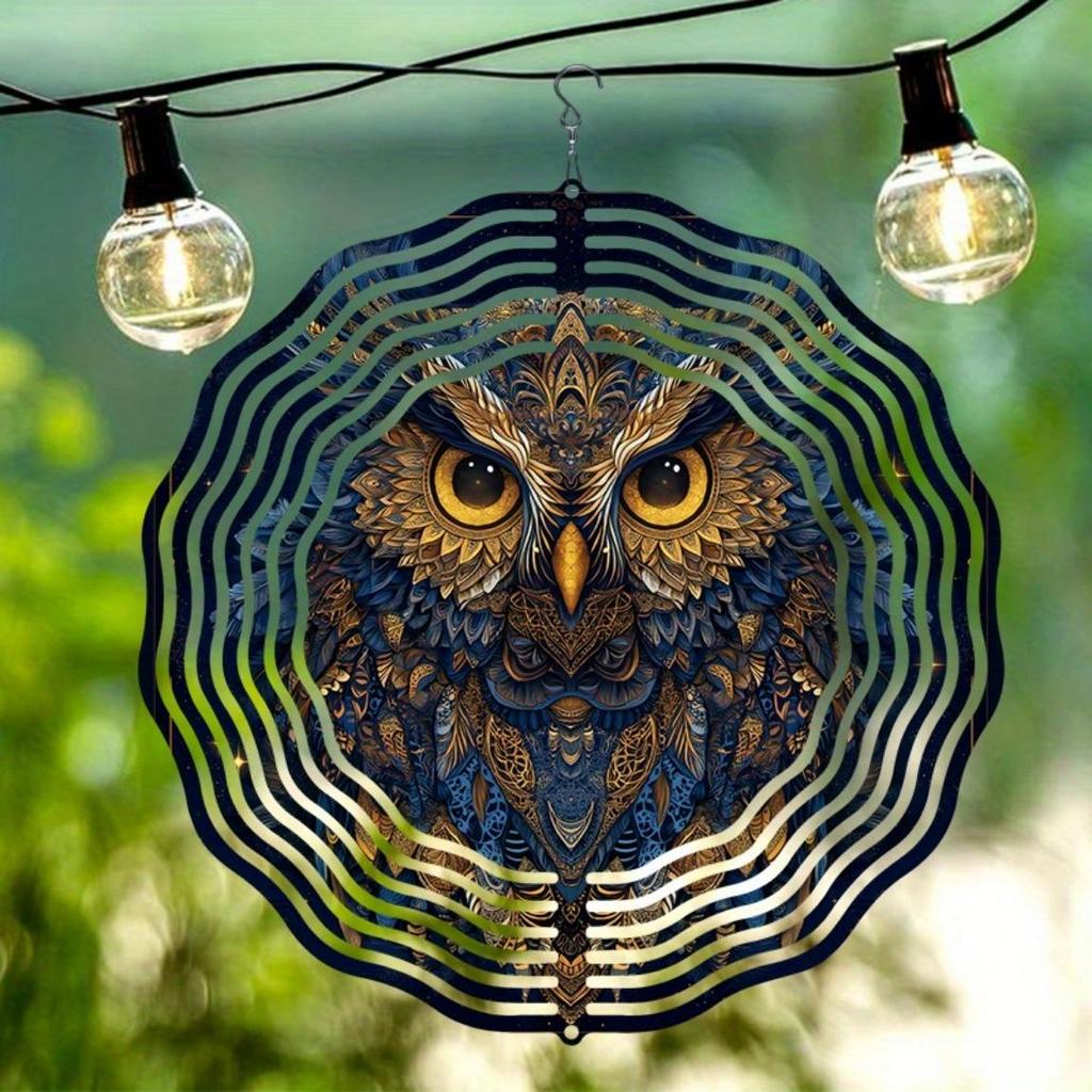 Kaijit - Majestic Owl Design 3D Hanging Wind Chime with Golden Mirror Reflection, Bird Deterrent Outdoor Decor for Garden & Weddings