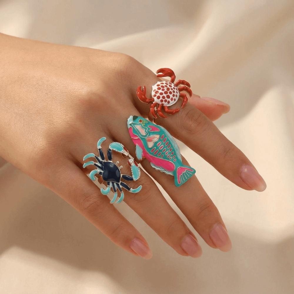 Open Design Drip Oil Rings Fish Shaped Rings Marine Creature Rings Enamel Band Rings For Women
