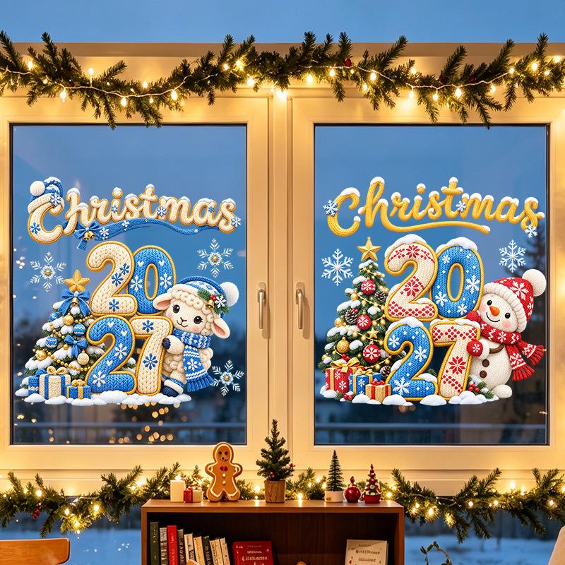 2027 Knit Sheep Window Sticker Happy New Year Stickers Cute Lamb Christmas Window Decor Home Decoration Shop Glass Xmas Ornament
