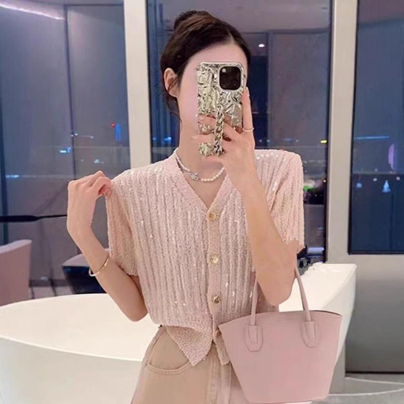 Short-sleeved sequined knitted cardigan spring and summer new design thin sweater jacket women